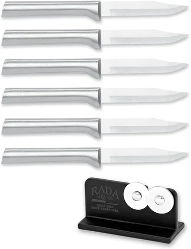 Miniatura 8 de Rada Cuchillo de pelar regular (R101) con afilador de borde rápido (R119), hoja de acero inoxidable de 3.25 pulgadas, mango plateado, paquete de 3