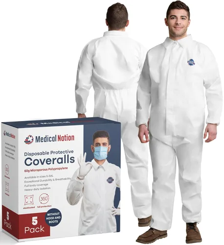 Medical Nation Overoles de Material Peligrosos Desechables | Pack de 5, Extra Grande | Overoles Protectores Sin Capucha - Traje de Pintura de Cuerpo