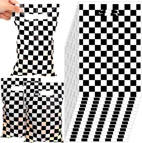 Chinco 50 bolsas de regalos de fiesta de autos de carreras, bolsas de golosinas a cuadros en blanco y negro con asas para decoración de cumpleaños,
