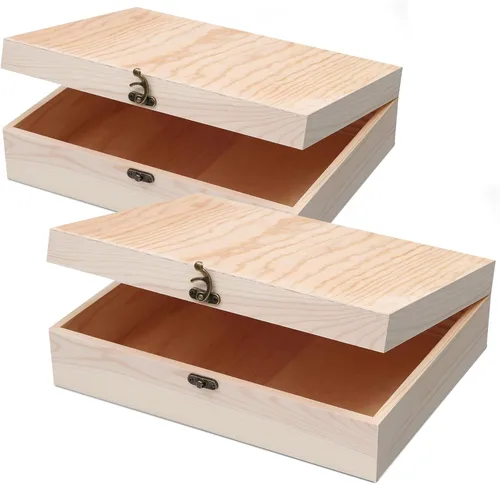 Paquete de 2 cajas de madera sin terminar con tapa con bisagras para manualidades, almacenamiento de joyas, caja de pino, 12 x 9 x 3.35 pulgadas