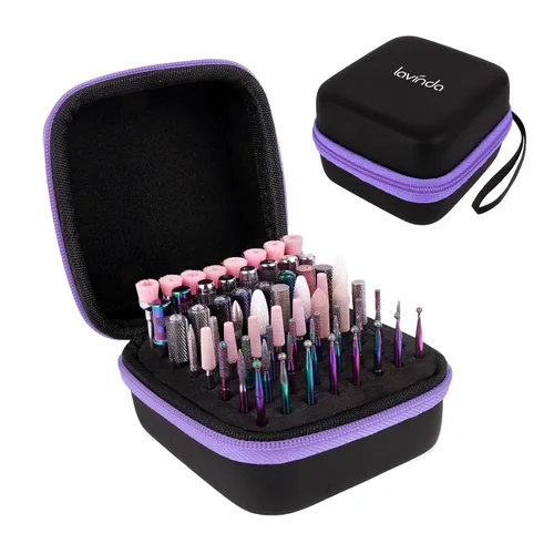 Miniatura 9 de Lavinda Juego de organizador para brocas de uñas rosa, estuche con 64 agujeros a prueba de polvo con espuma de alta densidad - Almacenamiento seguro