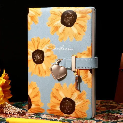 Miniatura 5 de Diario infantil de cuero sintético con candado y llave, agenda de viaje, agenda, cuaderno secreto de notas para mujer, 5.3 x 8.4 pulgadas, girasol