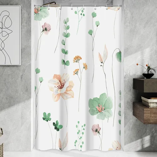 WITHLOC - Juego de cortinas de ducha lavables con flores/plantas de primavera en acuarela color verde salvia para decoración moderna/campestre de