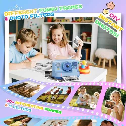Miniatura 6 de Cámara de impresión instantánea para niños, regalos de cumpleaños de Navidad para niñas y niños de 3 a 15 años, cámara de video digital portátil Azul