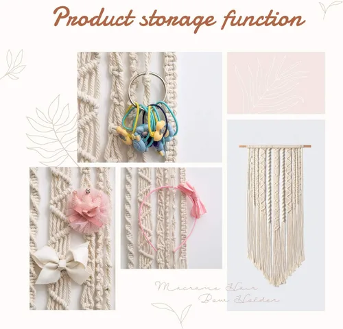 Miniatura 4 de Mkono Organizador de lazos de macramé para niñas, colgante para lazos de pelo, organizador de lazos Boho para pared, soporte para diademas