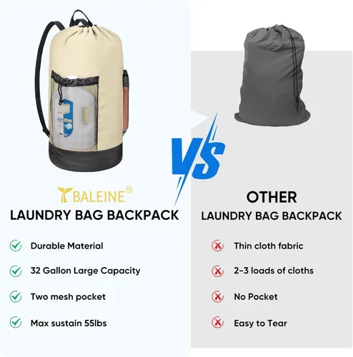 Miniatura 5 de BALEINE Mochila Bolsa de Lavandería de 120L, Tela Oxford 900D Bolsas Grandes de Lavandería de Viaje con Correas para el Hombro y 2 Bolsillos