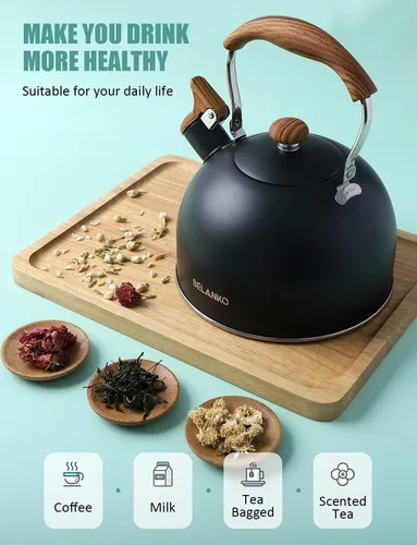 Miniatura 2 de Hervidor de Té, BELANKO 85 OZ / 2.5 Litros Hervidor de Té Silbante, Teteras para Estufa de Acero Inoxidable Grado Alimentario con Mango Plegable