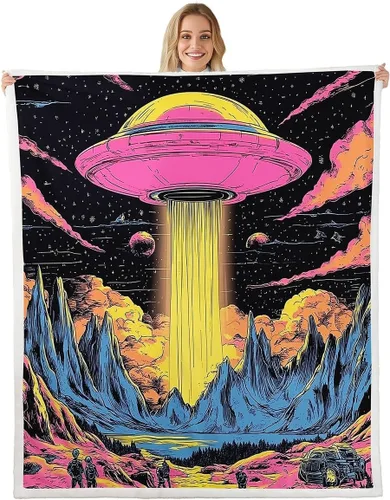 Miniatura 12 de Manta de franela de alienígena, misteriosa nave espacial estrellada con purpurina y planetas de cielo para decoración de habitaciones, manta