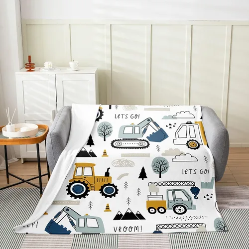 Feelyou Coche de dibujos animados para niños, manta de franela de forro polar para construcción, manta mullida para decoración de camiones, cama