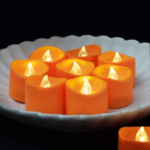 Miniatura 2 de Homemory Paquete de 12 velas de té naranja de Halloween, velas LED que funcionan con pilas, luces de calabazas pequeñas, sin llama, velas de té