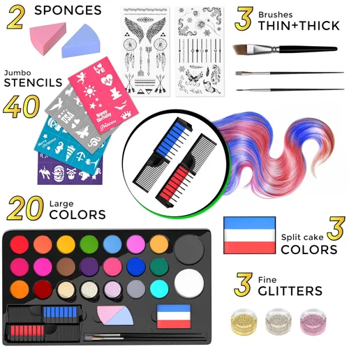 Miniatura 2 de Kit de pintura facial para niños, 20 colores lavables, sin manchas, pinturas de más de 60 caras, tiza para el cabello, purpurina, pinceles