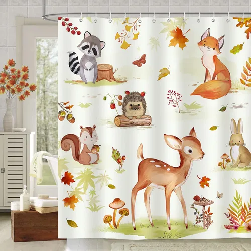 Bonhause Cortina de ducha de otoño, diseño de zorro de ciervo, mapache, cortina de baño de animales otoñales, 72 x 72 pulgadas, cortina de baño