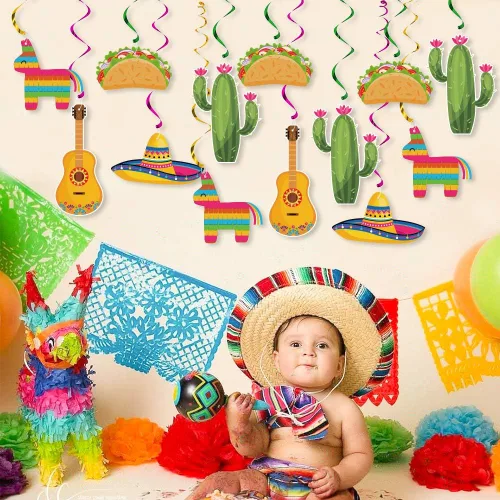 Miniatura 6 de Decoraciones de remolinos colgantes para fiesta mexicana, suministros de fiesta de Cinco de Mayo, tema de cumpleaños de dos días de taco, fiesta