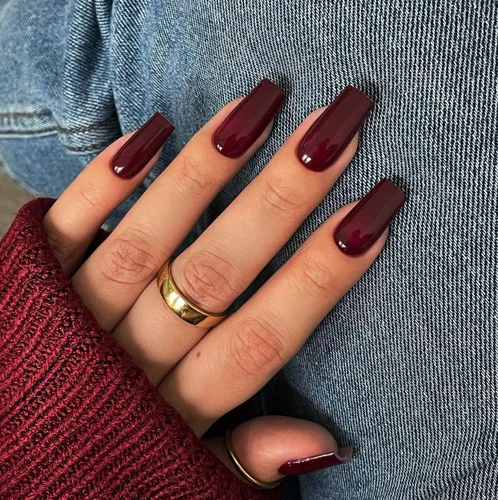 Miniatura 12 de KQueenest Uñas postizas largas a presión con diseño de ojo de gato, cuadradas, medianas, color rojo oscuro con purpurina, ataúd, uñas acrílicas a