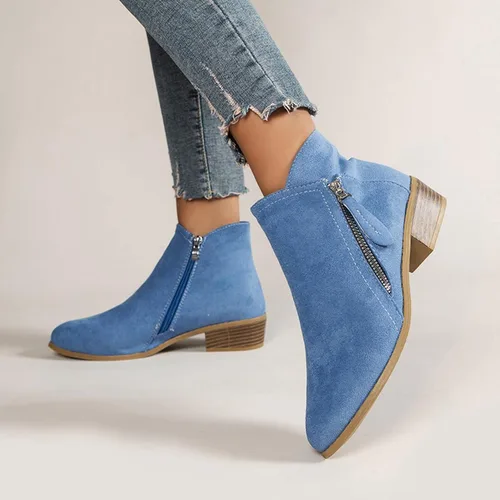 Miniatura 4 de Botas para mujer, botines de tobillo 2022, a la moda, de otoño, con cremallera lateral, punta puntiaguda, bloque grueso, tacón medio, liso, casual
