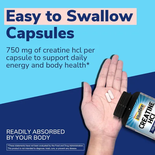 Miniatura 5 de Vitalibre Cápsula de creatina HCl, 750 mg de clorhidrato de creatina de alta absorción, resistencia, fuerza, absorción rápida, sin carga, sin