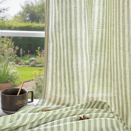 Miniatura 7 de JINCHAN Cortinas de lino para sala de estar o dormitorio, con estampado a rayas verde salvia sobre beige, rayas delgadas que filtran la luz