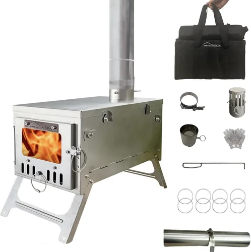 DANCHEL OUTDOOR S6/SSG - Estufa de camping portátil plegable para tienda de campaña, estufa de leña de acero inoxidable 304 con tubo de 7.2 pies