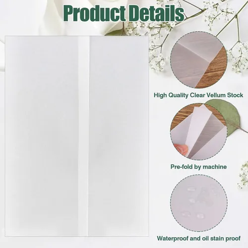 Miniatura 3 de 200 chaquetas de vellum preplegadas para invitaciones de boda translúcidas de 5 x 7 pulgadas, papel de calco, invitación de papel de vitela plegado