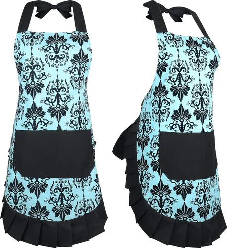 Miniatura 3 de G2PLUS Delantal de damasco vintage de algodón para mujer, cuello ajustable y bolsillo grande, azul y negro, lindo delantal de cocina y horneado