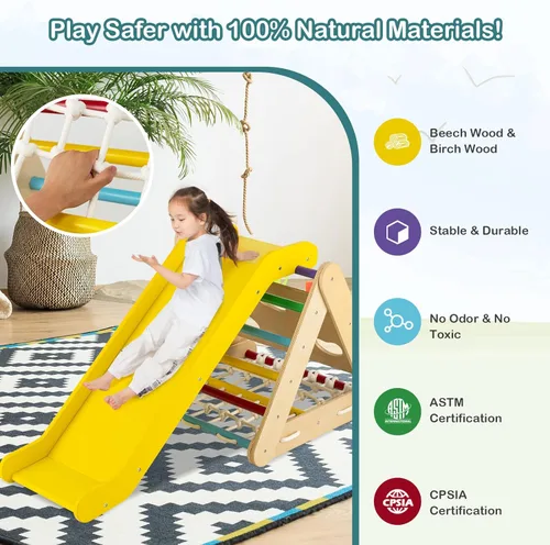 Miniatura 8 de Costzon - Juguete escalador de madera 4 en 1 para niños pequeños, escalador triangular con rampa deslizante, tabla y red para escalar, juguete