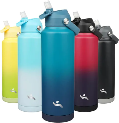 Miniatura 40 de Konokyo Botella de agua aislada con tapa de pajilla, botella de metal al vacío de acero inoxidable de 18 onzas con mango de silicona, color negro