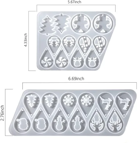Miniatura 2 de 12 pares de aretes de Navidad, molde de resina de silicona con ganchos para aretes, molde de fundición para árbol de Navidad, alce, copo de nieve