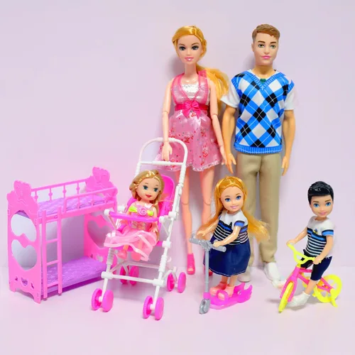 Miniatura 5 de UCanaan Juego de 6 muñecas familiares con papá, mamá embarazada, 3 niños y bebé en la barriga de mamá y 70 accesorios para educación y regalo