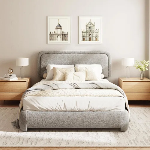 Miniatura 15 de Base de cama Boucle tamaño King, plataforma tapizada en nube con cabecero ajustable en altura y esquinas redondeadas suaves, no necesita somier, sin