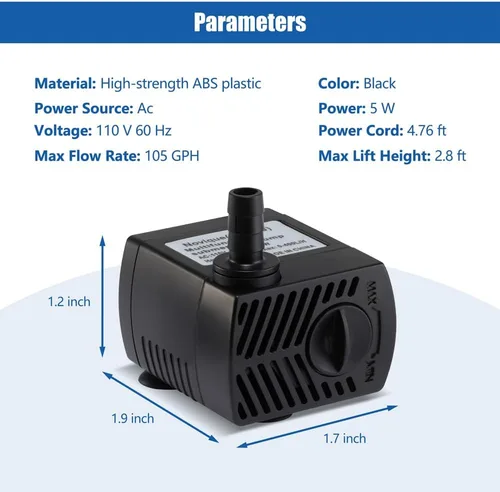 Miniatura 2 de Bomba de agua sumergible de 105 GPH con cable de alimentación de 4.76 pies y 2 boquillas, 5 W, ultra silenciosa, mini bomba de agua para acuario