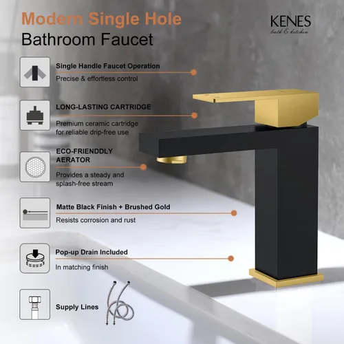 Miniatura 3 de KENES Grifo de lavabo de baño de una sola manija, grifos de baño negros y dorados de un solo orificio, grifo de tocador con desagüe emergente