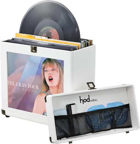 Miniatura 12 de Caja de almacenamiento de discos de vinilo Hododou con candado Organizador de discos Almacenamiento para más de 30 discos individuales de 12 Rosa
