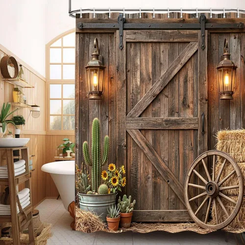 Miniatura 9 de Cortina de ducha de puerta de granero de madera rústica, 60 x 70 pulgadas, beige