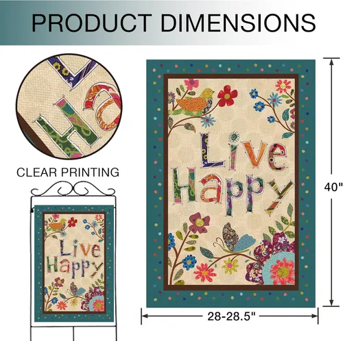 Miniatura 2 de Hzppyz Live Happy - Bandera decorativa grande para casa, diseño de pájaro, primavera y verano, cita inspiradora para jardín, patio, decoración