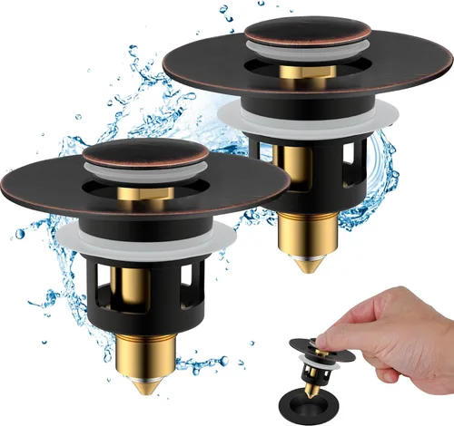 Miniatura 13 de Hibbent Paquete de 2 tapones universales de metal para lavabo de 1.1 a 2.3 pulgadas, colador de drenaje de fregadero emergente, tapón tipo empuje