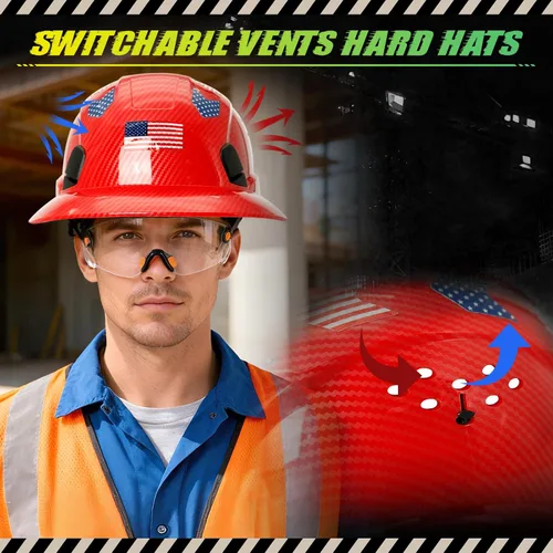 Miniatura 4 de Casco duro de ala completa con patrón de fibra de carbono con visera, casco de seguridad de construcción aprobado por la OSHA para hombres y Fibra