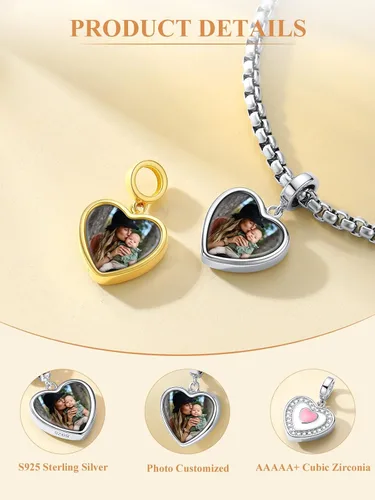 Miniatura 54 de Custom4U Photo Charms for Bracelets 925 Sterling Silver/Gold Plated Heart/Tree of Life/Round Charm Bead Personalized with Picture Custom