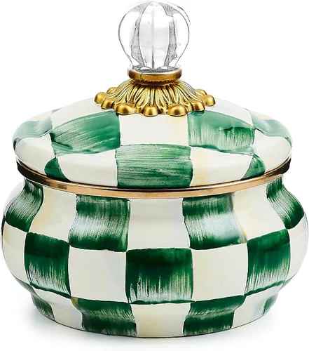 Miniatura 7 de MACKENZIE-CHILDS Olla aplastada de esmalte, bonito recipiente esmaltado con tapa, 20 onzas, a cuadros cortesanos en blanco y negro color fantasía