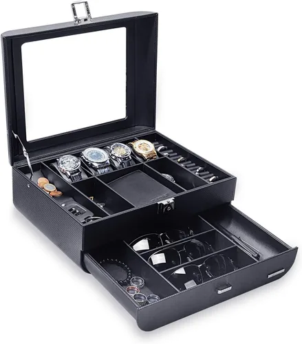 Homde Caja de reloj con diseño de arco de fibra de carbono, organizador de joyas de lujo con cajón, parte superior de cristal y cerradura para