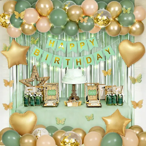 Decoraciones de cumpleaños verde salvia con pancarta de feliz cumpleaños, cortinas, globos de corazón y estrella, decoración de mariposa y luz LED