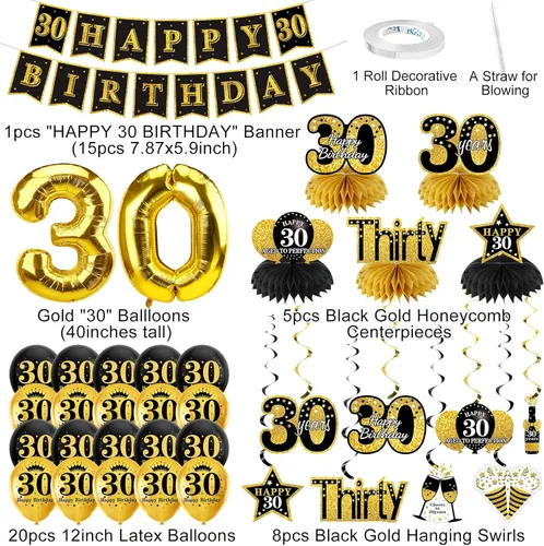 Miniatura 2 de Turypaty Kit de 36 piezas de decoración de cumpleaños de 30 años para hombres y mujeres, pancarta de feliz cumpleaños número 30, globo de panal