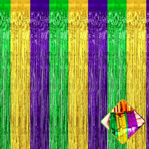 Miniatura 15 de Paquete de 4 cortinas de flecos de papel de aluminio de color verde claro de 3.2 pies x 9.8 pies, cortinas de flecos metálicos de oropel