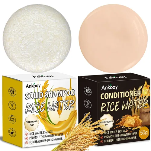 ANKOOY Paquete de 2 Barras de Champú y Acondicionador de Agua de Arroz, Alto Contenido de Proteínas para Cabello Dañado, Crecimiento del Cabello,