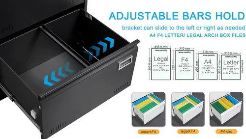 Miniatura 5 de Archivador lateral de 3 cajones con cerradura para oficina en casa, archivador de metal con barra ajustable para colgar, organización de archivador