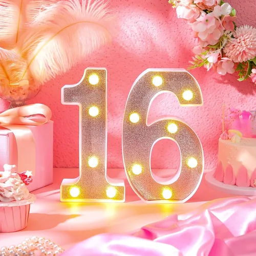 Miniatura 6 de Treela Números LED iluminados decorativos de 8.7'' para cumpleaños, letrero de números de marquesina de purpurina para decoración de fiesta de Oro
