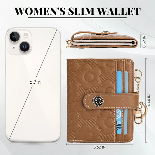 Miniatura 6 de Cartera RFID para mujer, delgada y pequeña, de piel con estampado de flores, plegable, compacta, con tarjetero y bolsillo para monedas, color marrón