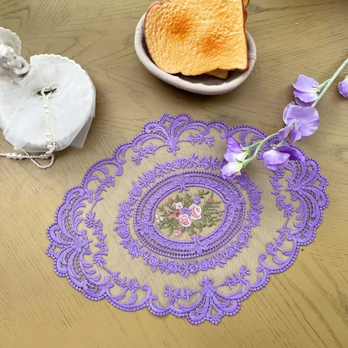 Miniatura 7 de Paquete de 2 manteles individuales de encaje estilo francés retro bordados de moda para jarrón de 12 x 16 pulgadas (pasta de frijoles en polvo)