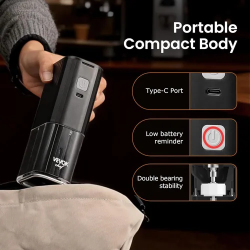 Miniatura 6 de VEVOK CHEF Molinillo de café eléctrico portátil, molinillo de grano de café cónica ajustable, molinillo de un botón con recargable por USB, parada