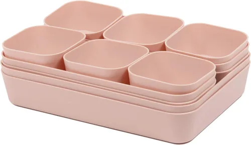 Miniatura 4 de Juego de 12 organizadores de cajones de escritorio de plástico de color rosa para maquillaje, baño, oficina, cocina, cajón, caja de almacenamiento
