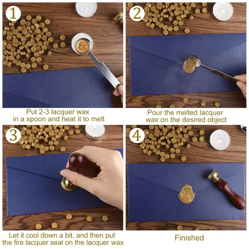 Miniatura 3 de 500 piezas de cuentas de cera octogonales para sellos de cera de bronce con 4 velas de té y 1 cuchara para derretir cera para manualidades, cartas